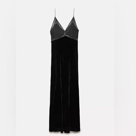 NWOT Zara Black Velvet Lace Maxi Dress - Picture 3 of 5